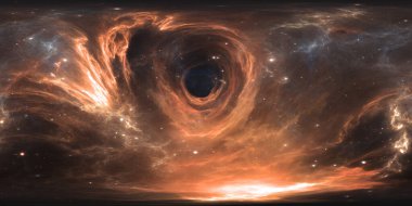 360 degree massive black hole panorama, equirectangular projection, environment map. HDRI spherical panorama. Space background with black hole and stars. 3d illustration