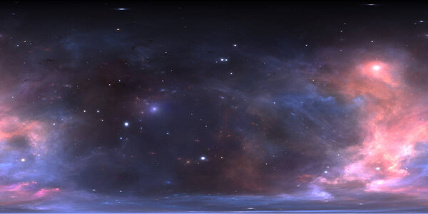 Панорама туманности 360 градусов, равноугольная проекция, карта окружающей среды. HDRI сферическая панорама. Космический фон с туманностью и звездами. 3d иллюстрация