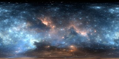 360 derece uzay nebulası, eş dikdörtgen yansıtma, çevre haritası. HDRI küresel panorama. Nebula ve yıldızlarla dolu bir arka plan. 3d illüstrasyon