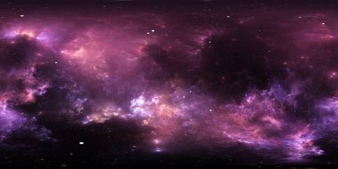 360 derece yıldızlararası toz ve gaz bulutu. Nebula ve yıldızlarla dolu bir arka plan. Parlayan nebula, eşkenar dörtgen yansıtma, çevre haritası. HDRI küresel panorama. 3d illüstrasyon