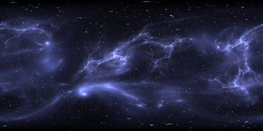 360 derece yıldızlararası toz ve gaz bulutu. Nebula ve yıldızlarla dolu bir arka plan. Parlayan nebula, eşkenar dörtgen yansıtma, çevre haritası. HDRI küresel panorama. 3d illüstrasyon