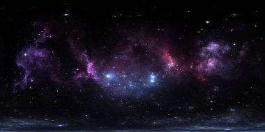 360 derece yıldızlararası toz ve gaz bulutu. Nebula ve yıldızlarla dolu bir arka plan. Parlayan nebula, eşkenar dörtgen yansıtma, çevre haritası. HDRI küresel panorama. 3d illüstrasyon