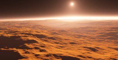 Mars - Kızıl Gezegen. Mars yüzeyi ve atmosferdeki toz. 3B illüstrasyon