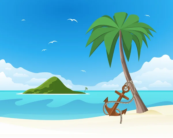 Anchor leaning against the palm on tropical white sand — Stock Vector