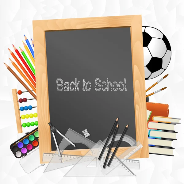 School supplies with blackboard on crumpled paper background — Stock Vector