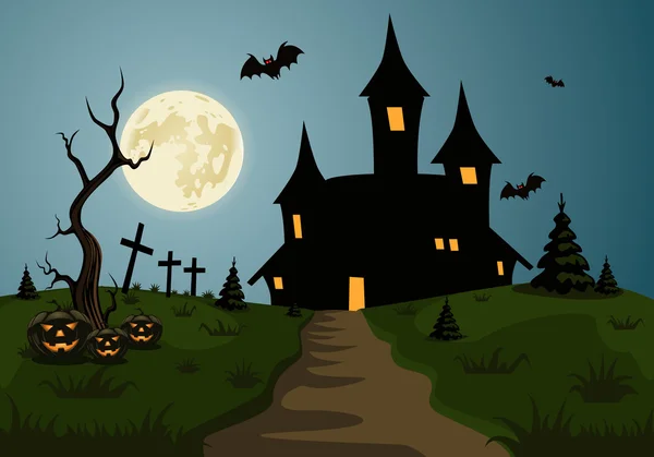 Cena de fundo assustador Halloween com castelo e lua cheia — Vetor de Stock