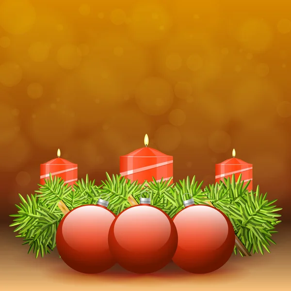 Advent wreath of twigs with red candles and various ornaments — Stock Vector
