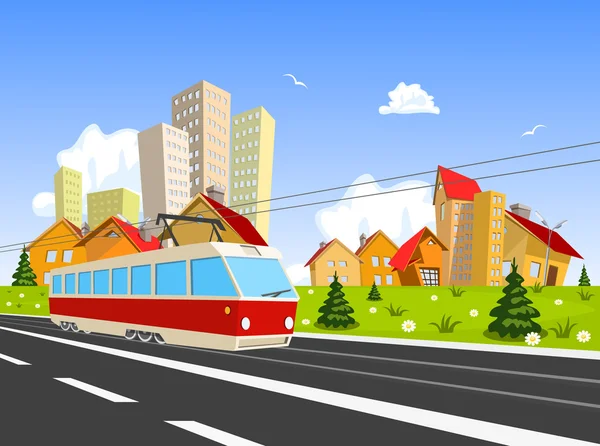 Colorful vector city with Streetcar — Stock Vector