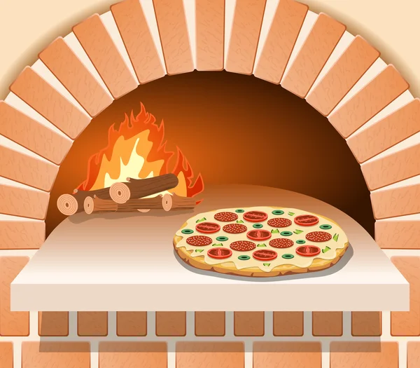 Vektör İtalyan pizza domates, sosis ve mantar fırın önünde ile