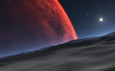 Deimos arka planda Kızıl gezegen Mars ile