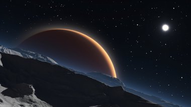 Phobos arka planda Kızıl gezegen Mars ile