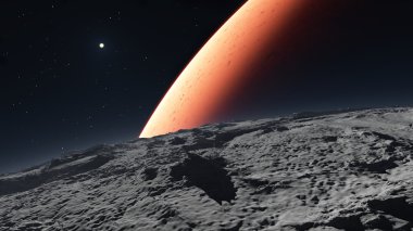 Deimos arka planda Kızıl gezegen Mars ile