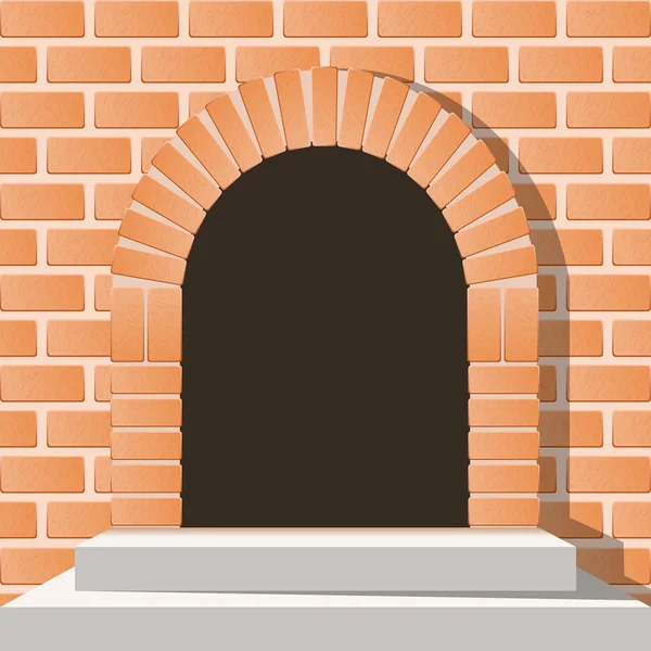 Puerta medieval arqueada en una pared de ladrillo con escaleras — Vector de stock