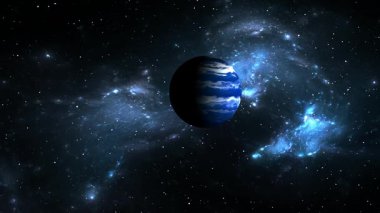 Nebulanın arka planında bir gezegenin yörüngesinde dönen ay.