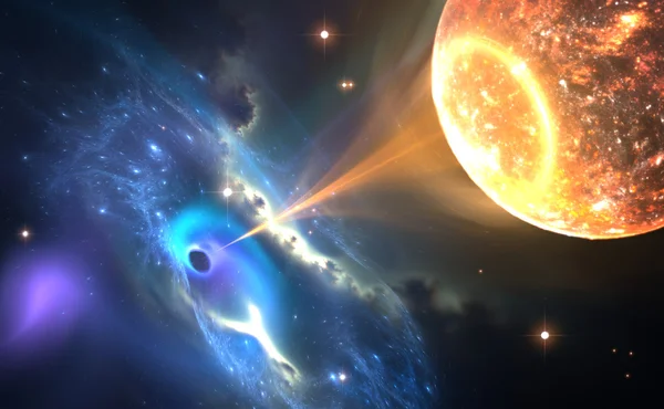 Svart hål eller en neutronstjärna och dra gas från en kretsande följeslagare stjärna. — Stockfoto