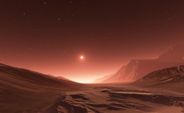 Mars'ta günbatımı. Mars dağlar, vadi manzarası
