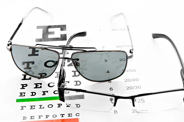Szemüveget és napszemüveget látás chart-on fehér háttér Stock Kép