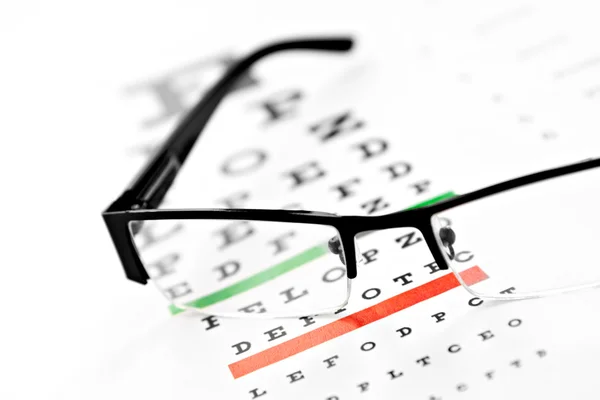 Gafas graduadas y carta de visión aisladas en fondo blanco —  Fotos de Stock