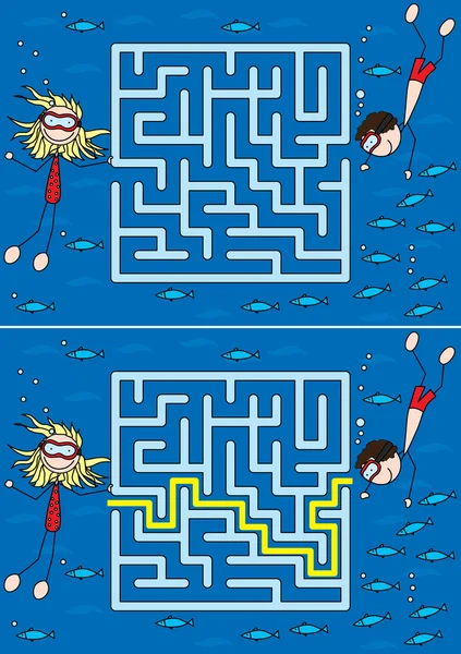 Happy kids sea maze — Stock Vector