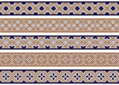 Bej, kahverengi ve mavi olmak üzere soyut elementlerden oluşan beş resimli dekoratif kenarlık kümesi