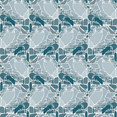 Beyaz üzerine mavi ve gri olarak soyut elementlerden yapılmış kusursuz resimli desen