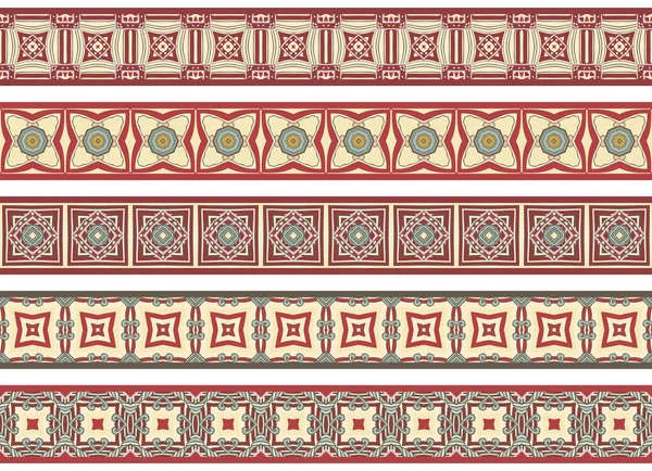 Set Five Illustrated Decorative Borders Made Abstract Elements Beige Red — Stock Vector