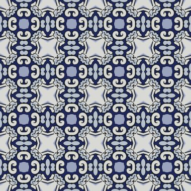 Beyaz ve mavi tonlarında soyut elementlerden oluşan kusursuz resimli desen