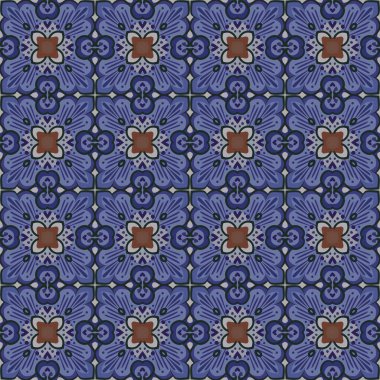 Gri, mavi, kahverengi ve siyah tonlarında soyut elementlerden oluşan kusursuz desenli.