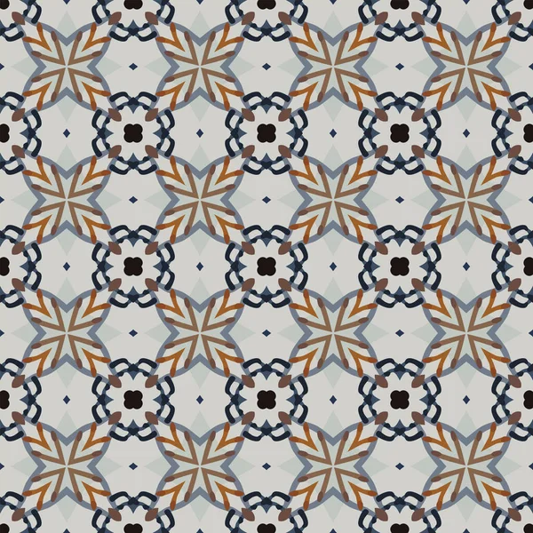 Açık gri, kahverengi ve mavi tonlarında soyut elementlerden oluşan kusursuz desenli.