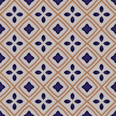 Açık gri, mavi ve kahverengi tonlarında soyut elementlerden oluşan kusursuz desenli.