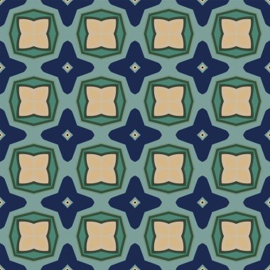 Bej, yeşil, gri, mavi ve siyah gibi soyut elementlerden oluşan kusursuz desenli.