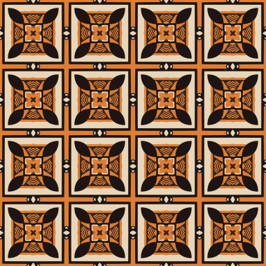 Bej, turuncu, kahverengi ve siyah olan soyut elementlerden yapılmış kusursuz desenli.