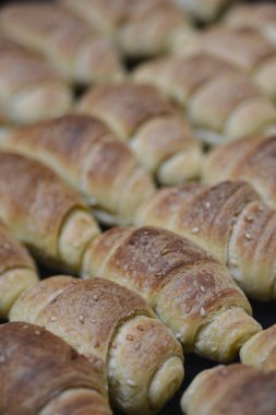 Fırın tepsisi dolusu taze kruvasan.