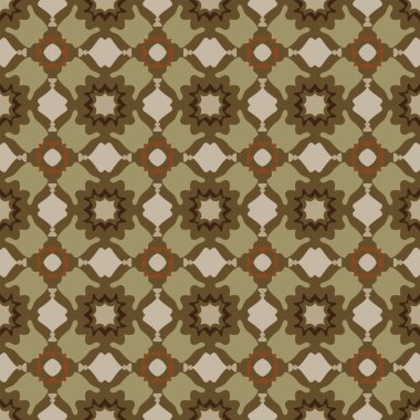 Bej, kahverengi ve yeşilde soyut elementlerden yapılmış kusursuz desenli.