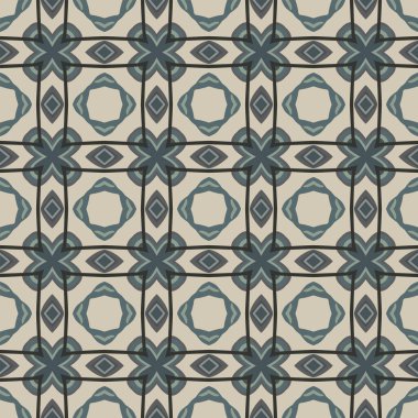 Bej, mavi ve gri renkte soyut elementlerden yapılmış kusursuz resimli desen