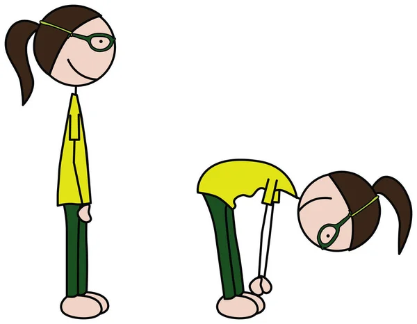 卡通图上的一个女孩的运动 站立的脚趾接触 — 图库矢量图片