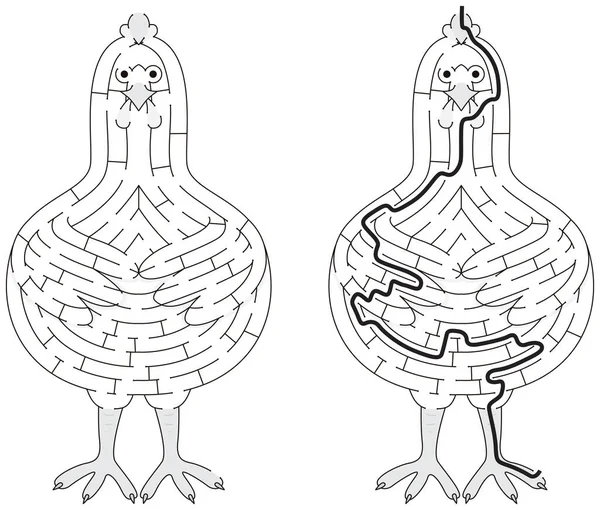 Laberinto Pollo Para Niños Con Una Solución Blanco Negro — Vector de stock