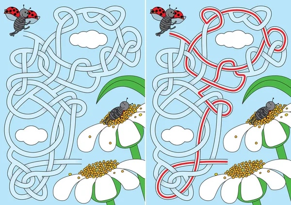 Joaninha Labirinto Para Crianças Com Uma Solução — Vetor de Stock
