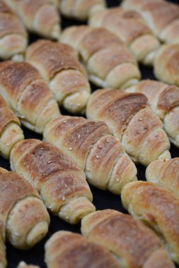 Fırın tepsisi dolusu taze kruvasan.