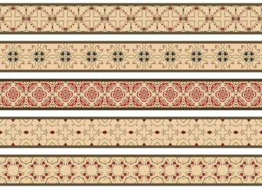 Bej, kahverengi ve kırmızı olmak üzere soyut elementlerden oluşan beş resimli dekoratif kenarlık kümesi