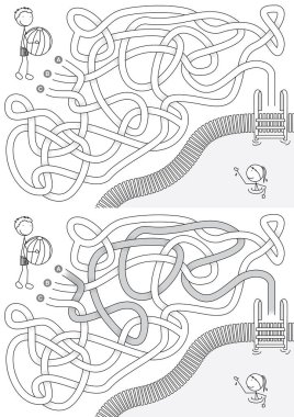 Çözümü olan çocuklar için yaz labirenti. Çocuktan yüzme havuzuna siyah beyaz bir yol bul.