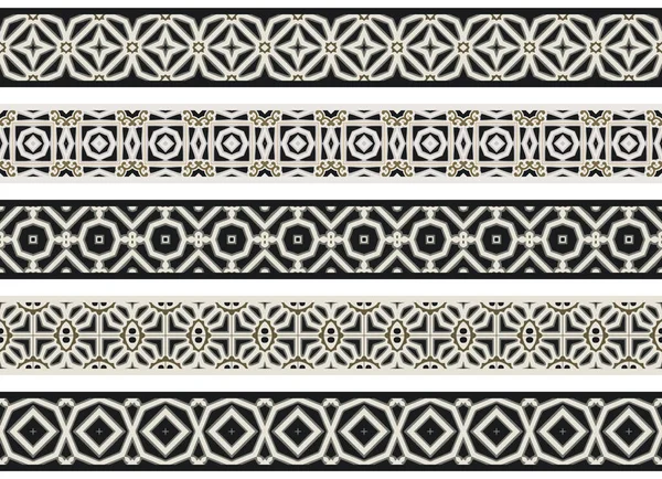 Conjunto Cinco Bordes Decorativos Ilustrados Hechos Elementos Abstractos Beige Gris — Vector de stock