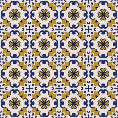 Bej, sarı ve mavi tonlarında soyut elementlerden yapılmış kusursuz desenli.