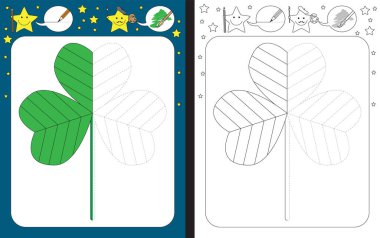 İnce motor becerileri çalışmak için okul öncesi çalışma tablosu - kesik çizgilerin izi - yonca yaprağının çizimini tamamla