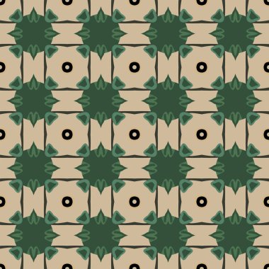 Bej, yeşil, gri ve siyah olan soyut elementlerden yapılmış kusursuz desenli.