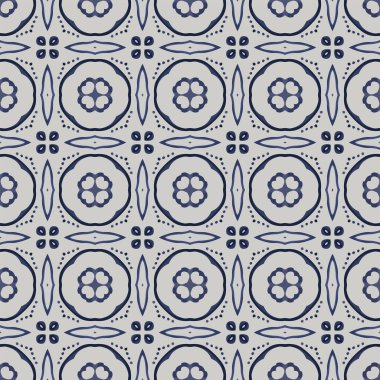 Açık gri ve mavi tonlarında soyut elementlerden yapılmış kusursuz resimli desen