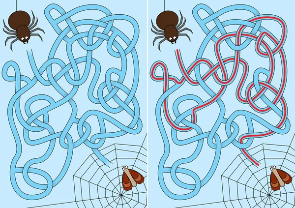 Spider Doolhof Voor Kinderen Met Een Oplossing — Stockvector