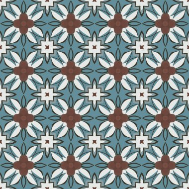 Gri, kahverengi ve mavi renkli soyut elementlerden oluşan kusursuz desenli.