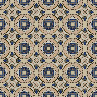 Bej, pembe, mavi, kahverengi, yeşil ve siyah gibi soyut elementlerden oluşan kusursuz desenli.