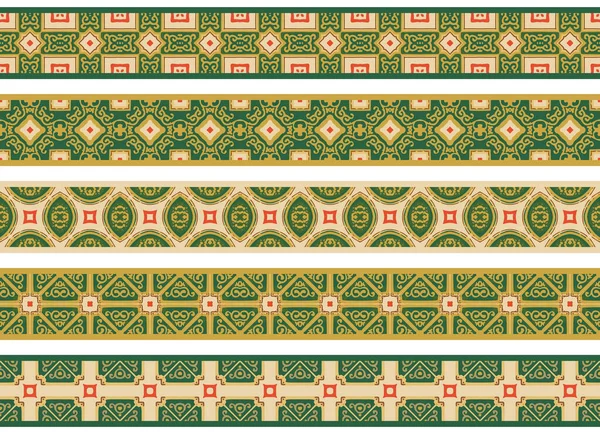 Conjunto Cinco Bordas Decorativas Ilustradas Feitas Elementos Abstratos Bege Verde — Vetor de Stock